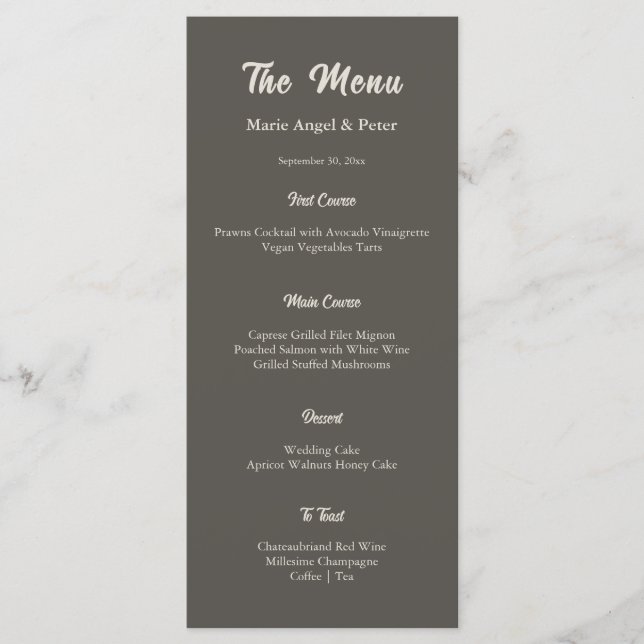 Menu de mariage moderne monogramme espresso foncé (Devant)