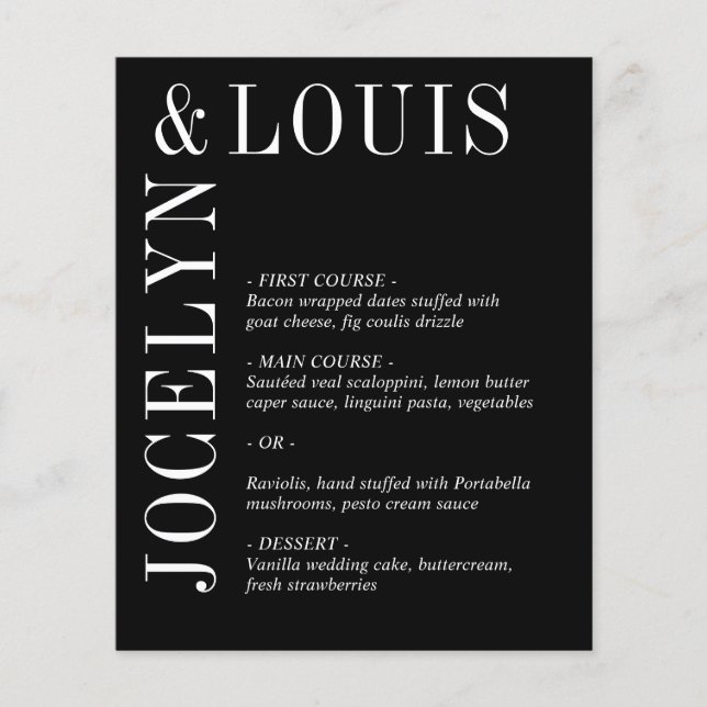 Menu de mariage moderne noir et audacieux (Devant)