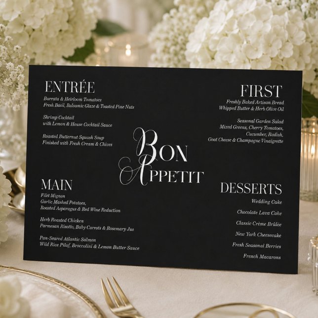 Menu de mariage moderne noir et blanc (Créateur téléchargé)