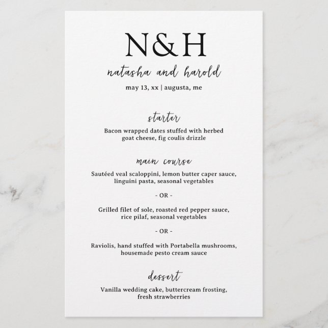 Menu de mariage moderne noir et blanc à monogramme (Devant)