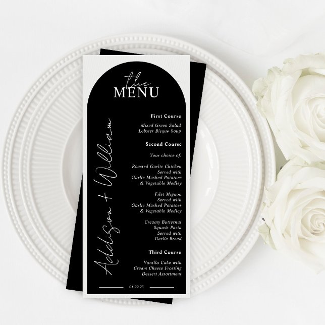 Menu de mariage moderne noir et blanc avec arche (Créateur téléchargé)