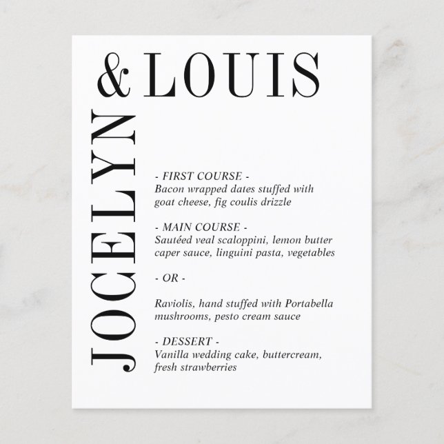 Menu de mariage moderne noir et blanc gras (Devant)