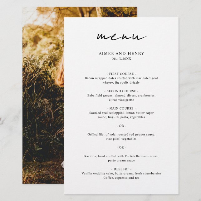Menu de mariage moderne photo écriture rustique (Devant / Derrière)