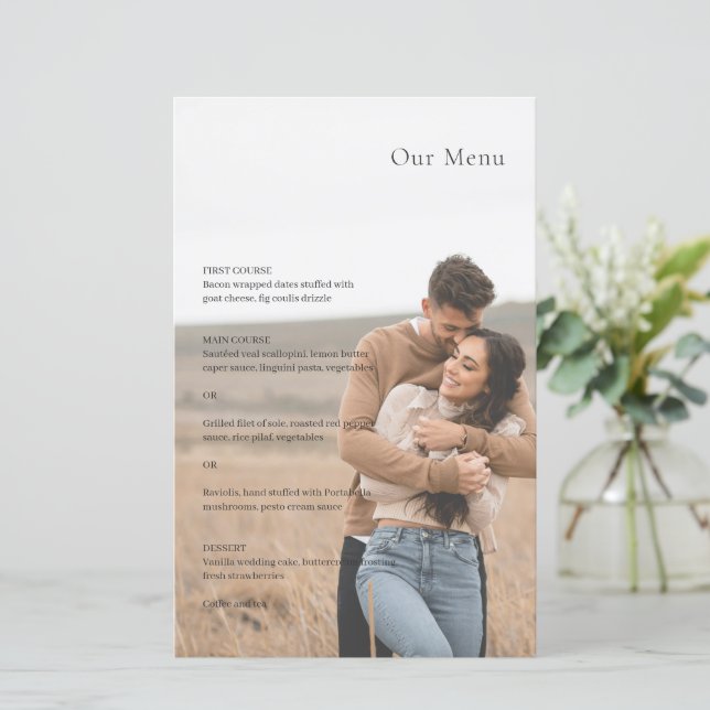 Menu de mariage moderne photo noir et blanc élégan (Debout devant)
