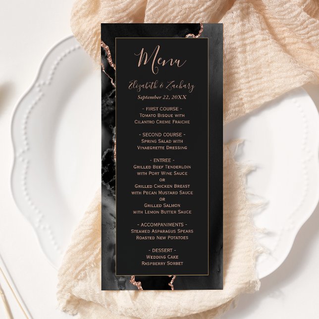 Menu de mariage moderne rose gold noir agate foncé (Créateur téléchargé)