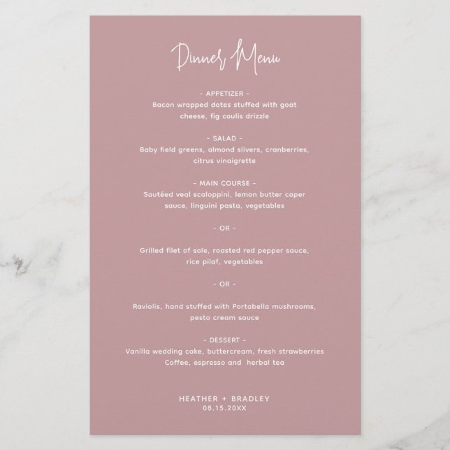 Menu de mariage moderne rose minimaliste (Devant)