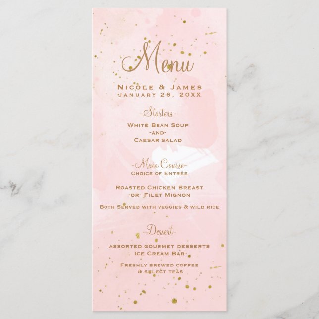 Menu de mariage moderne rose poudré et éclaboussur (Devant)