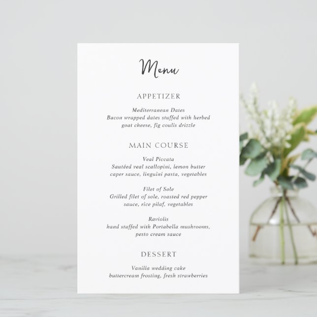 Menu de mariage moderne simple noir et blanc éléga (Debout devant)