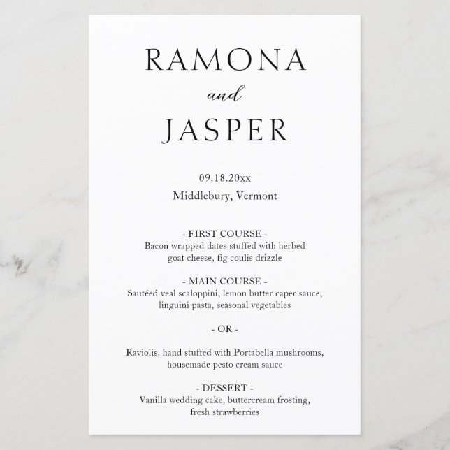Menu de mariage moderne simple noir et blanc gras (Devant)