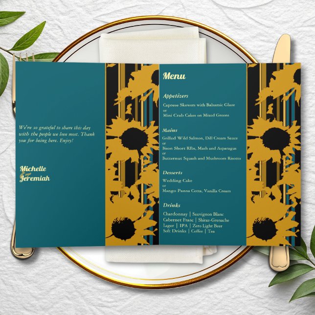 Menu de mariage moderne Tournesol Bleu sarcelle Or (Créateur téléchargé)