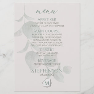 Menu de mariage Monogramme de l'eucalyptus de la