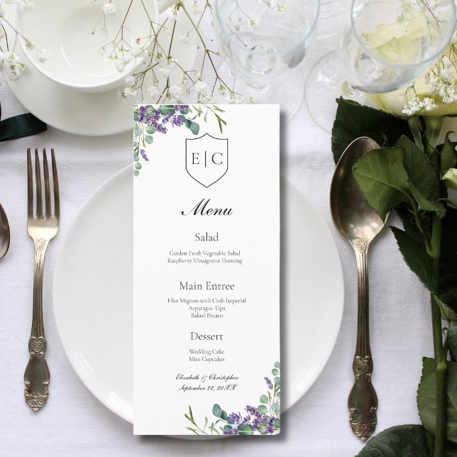 Menu de mariage monogramme eucalyptus lavande (Monogram Initials Lavender Eucalyptus Wedding Menu)