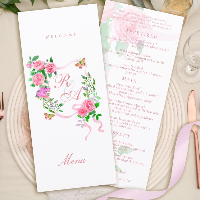 Menu de mariage monogramme ruban rose rose (Pink Rose Ribbon Monogram Wedding Menu)