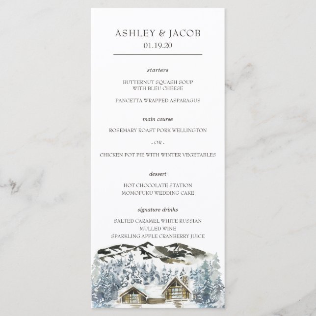 Menu de mariage montagnard hivernal rustique (Devant)