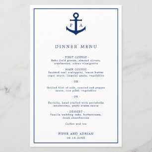 Menu de mariage nautique à monogramme élégant d'an