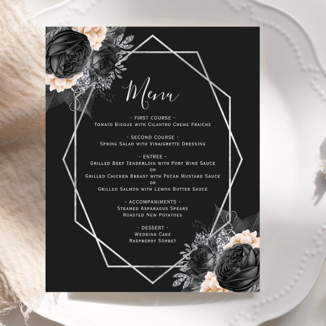 Menu de mariage noir et argent géométrique floral  (Créateur téléchargé)