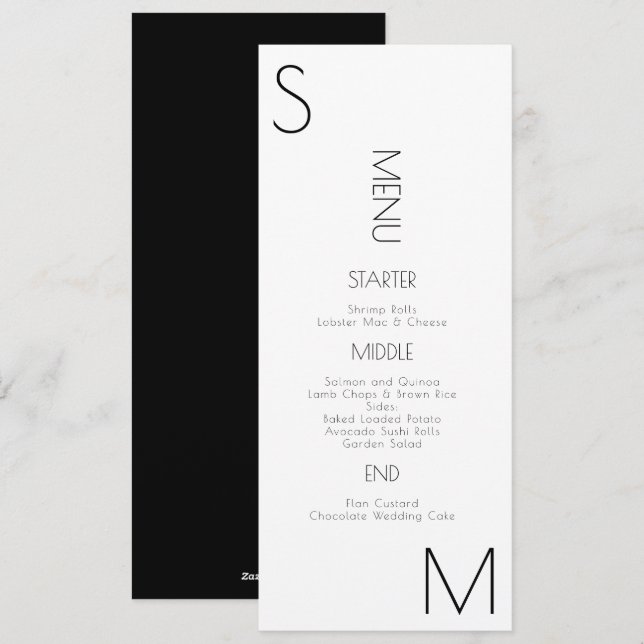 Menu de mariage noir et blanc à monogramme (Devant / Derrière)