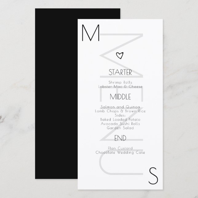 Menu de mariage noir et blanc à monogramme cœur (Devant / Derrière)