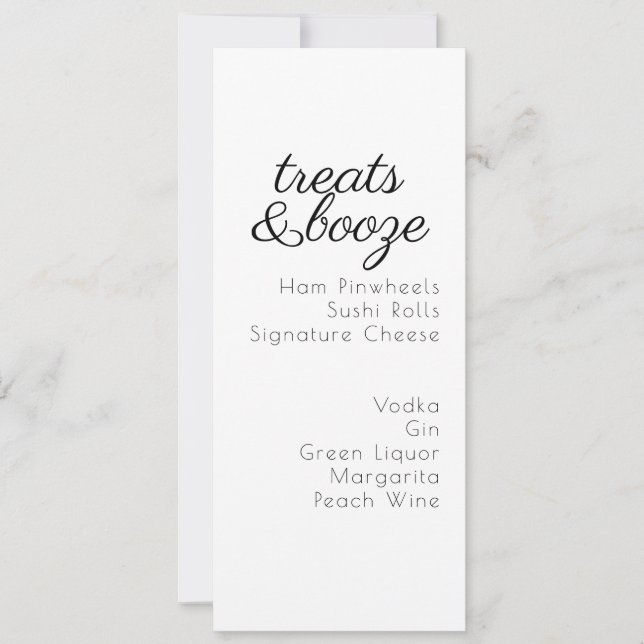 Menu de mariage noir et blanc des boissons friandi (Devant)