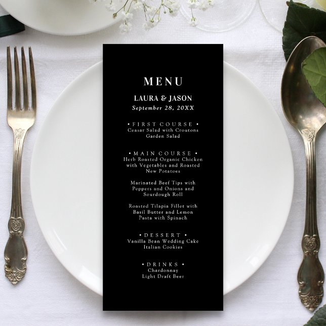 Menu de mariage noir et blanc Élégance Moderne (Modern elegance black and white wedding menu adds timeless style and guides guests through your meal)