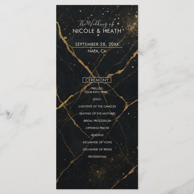 Menu de mariage noir et or de marbre de minuit dor (Devant)
