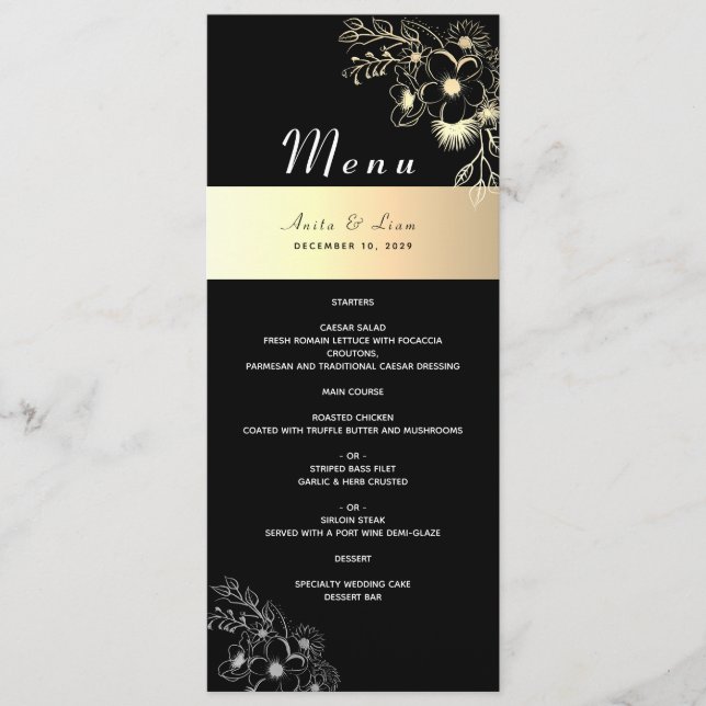 Menu de mariage noir et or vintage (Devant)
