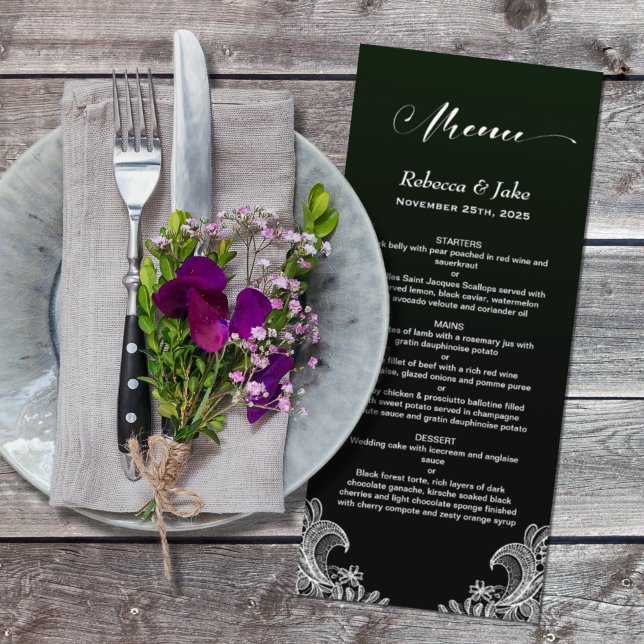 Menu de Mariage noir et vert dentelle blanche (Créateur téléchargé)