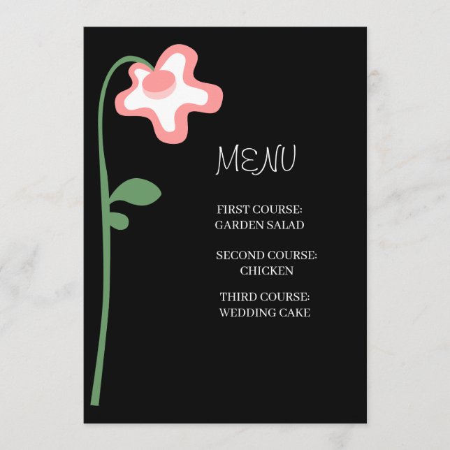Menu de mariage noir floral rose capricieux (Devant)