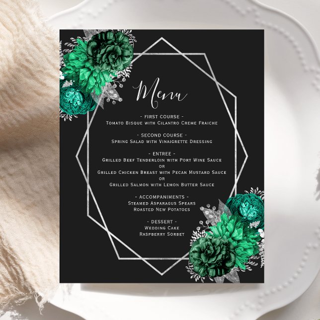 Menu de mariage noir floral vert émeraude budget (Créateur téléchargé)