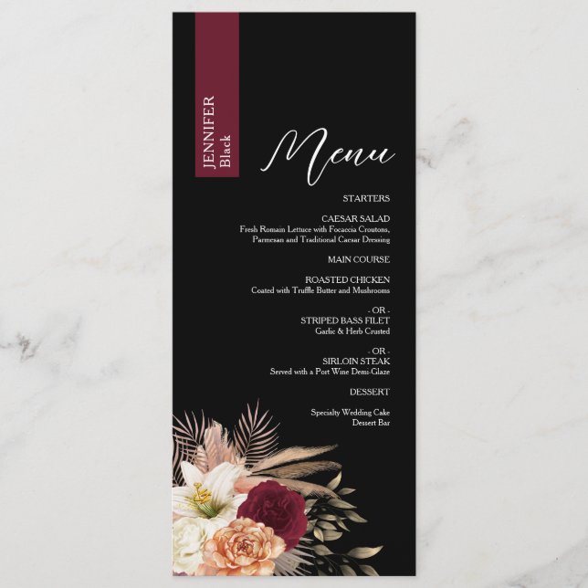 Menu de Mariage Noir Maussade avec Nom du Convive (Devant)