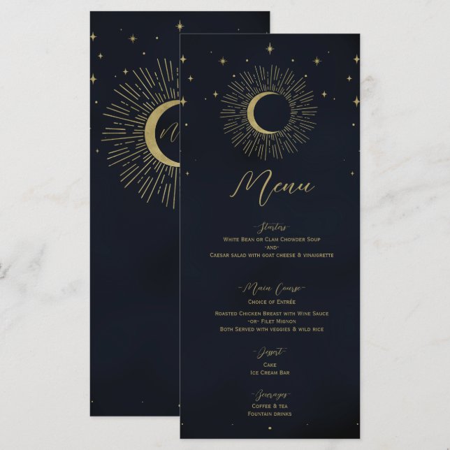 Menu de mariage Nuit aux étoiles d'or Soleil éclat (Devant / Derrière)