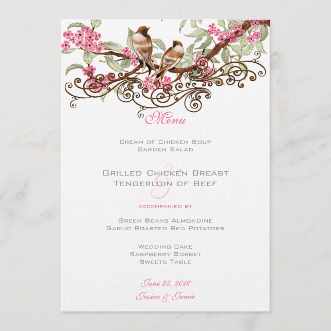 Menu de mariage oiseaux de l'amour rose et gris vi (Devant)