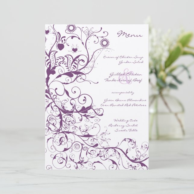 Menu de mariage Oiseaux et Tourbillons Violets (Debout devant)