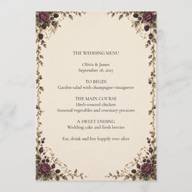 Menu de mariage Once Upon a Midnight Plum Rose (Devant)