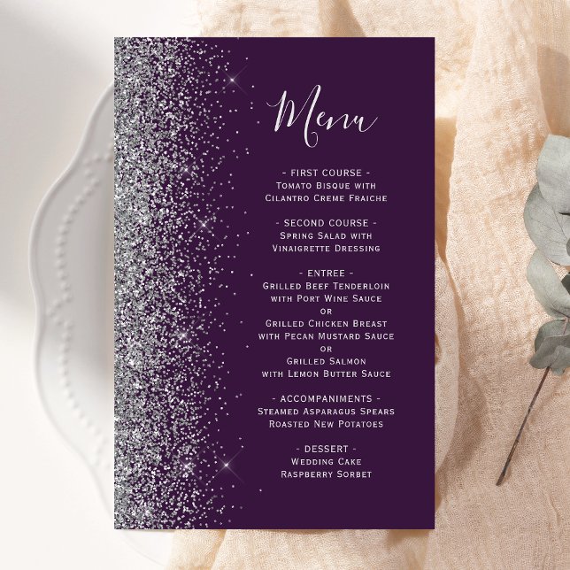 Menu de mariage pailleté argent violet foncé budge (Créateur téléchargé)