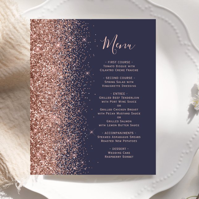Menu de mariage pailleté bleu foncé or rose Budget (Créateur téléchargé)