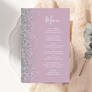 Menu de mariage pailletté lilas poussiéreux argent