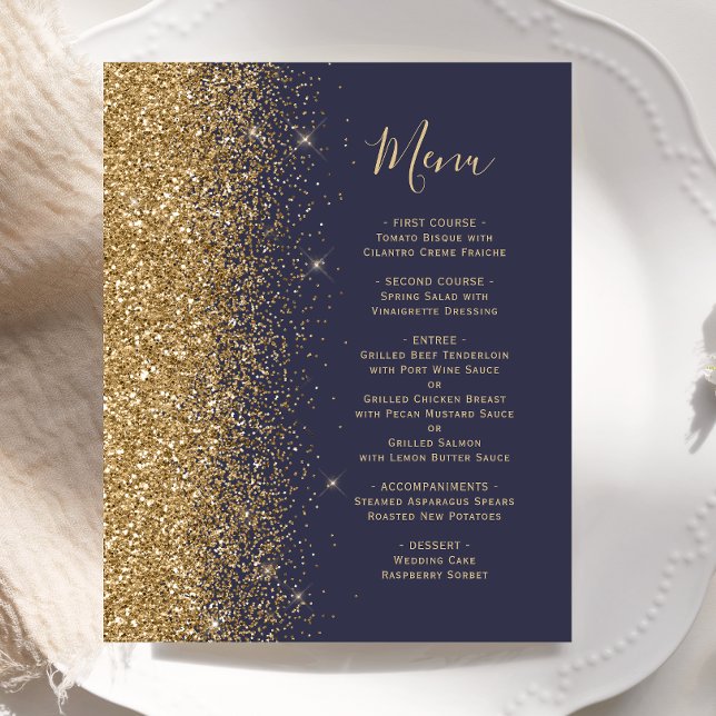 Menu de mariage paillettes dorées bleu foncé à pet (Créateur téléchargé)