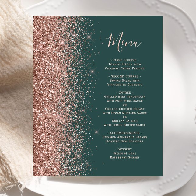 Menu de mariage paillettes vert foncé et or rose p (Créateur téléchargé)