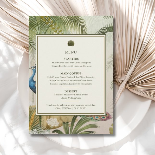 Menu de mariage Palmier Paon (Peacock Palm wedding menu with personalized courses, names and date for a tropical reception)