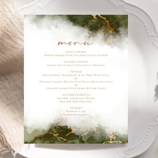 Menu de mariage pas cher en marbre vert olive or (Créateur téléchargé)