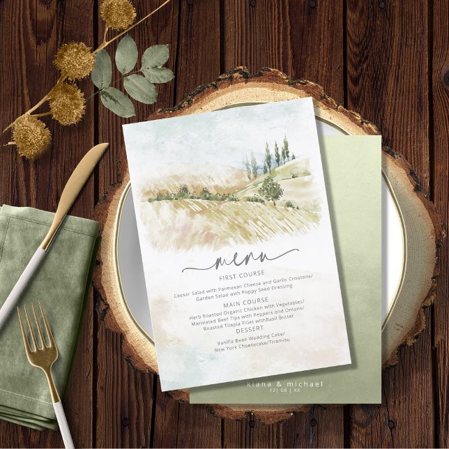 Menu de mariage paysage à l'aquarelle Vert Sauge I (Créateur téléchargé)