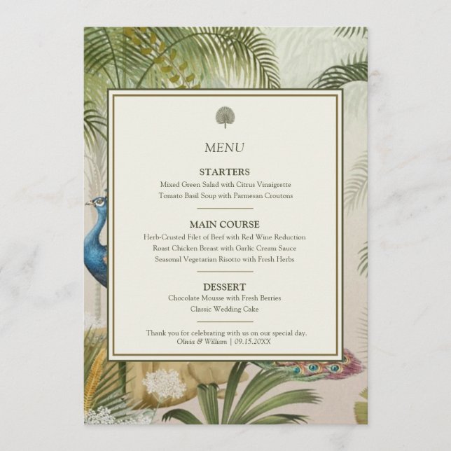 Menu de mariage Peacock Palm (Devant)