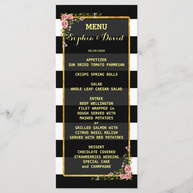 Menu de mariage personnalisé avec rayure et feuill (Devant)