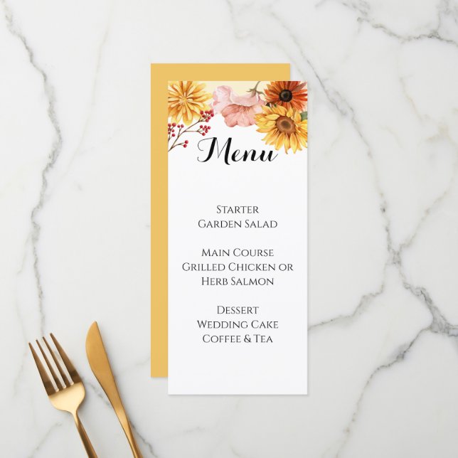 Menu de mariage personnalisé Fleur de l'automne (Devant/Arrière en situation)