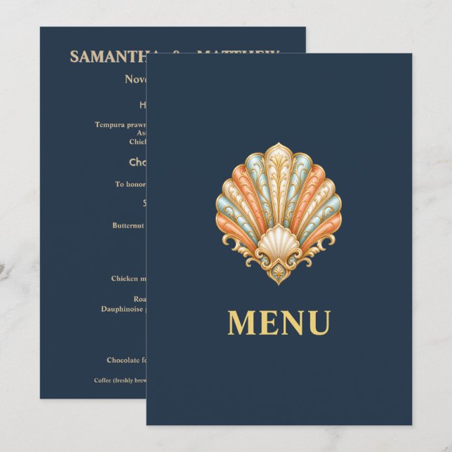 Menu de mariage Plage Coquillage Or Bleu  (Devant / Derrière)