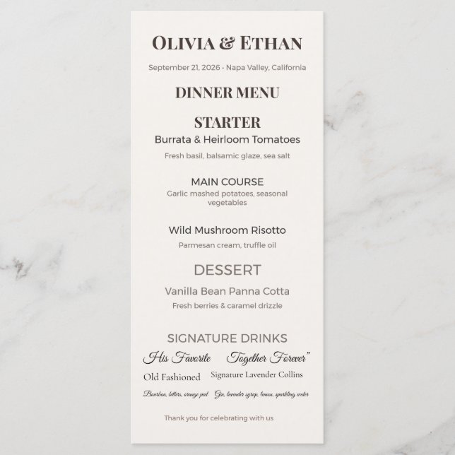 Menu de mariage plat | Carte de réception personna (Devant)