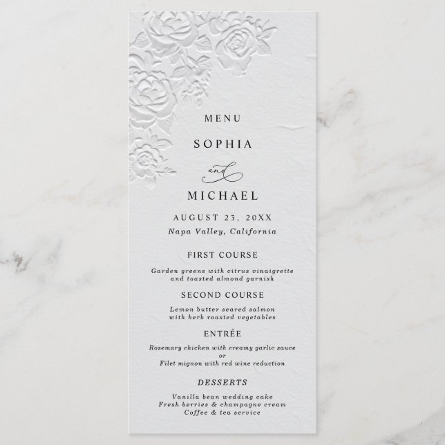 Menu de mariage plat Faux Roses blanches en relief (Devant)