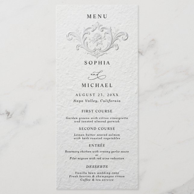 Menu de mariage plat floral embossé faux (Devant)