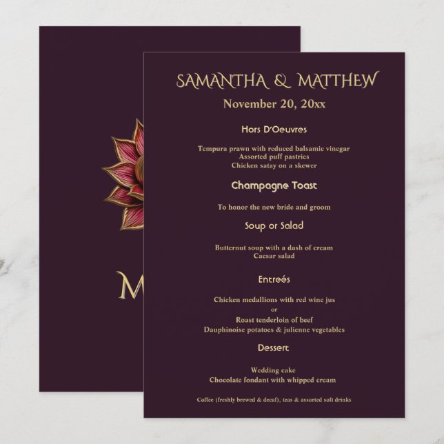 Menu de mariage Plum Gold Élégant Carte Portrait (Devant / Derrière)